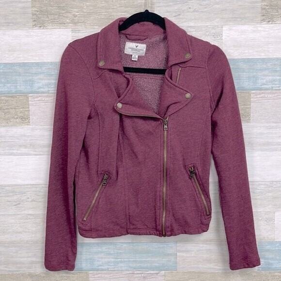 AMERICAN EAGLE Asymmetric Moto Sweatshirt Jacket Burgundy Womens Small - Picture 1 of 5